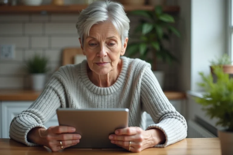 Femme d'âge mûr utilisant une tablette pour se connecter à son compte Quintonic dans une cuisine moderne