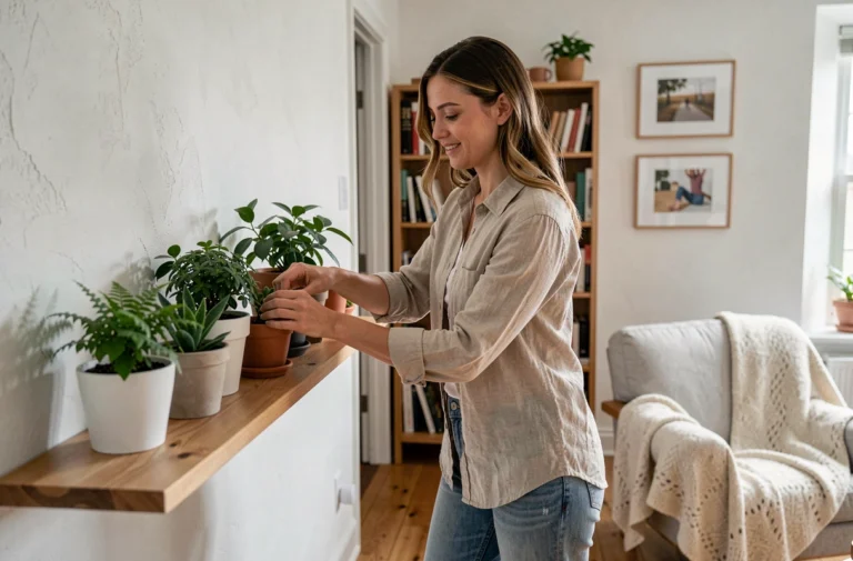 Femme arrangeant des plantes sur une étagère en bois dans un salon au style scandinave pour décorer son intérieur