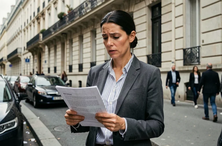 Femme consultant un document immobilier devant des immeubles haussmanniens en zone tendue