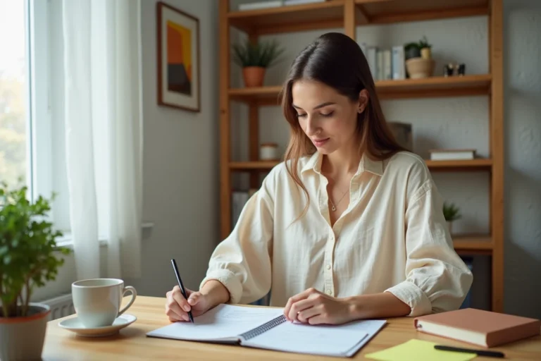 Femme entrepreneur travaillant sur son plan d'affaires dans un bureau à domicile organisé et chaleureux