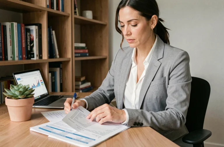 Femme analysant ses finances personnelles avec des feuilles de budget et un ordinateur portable dans un bureau à domicile