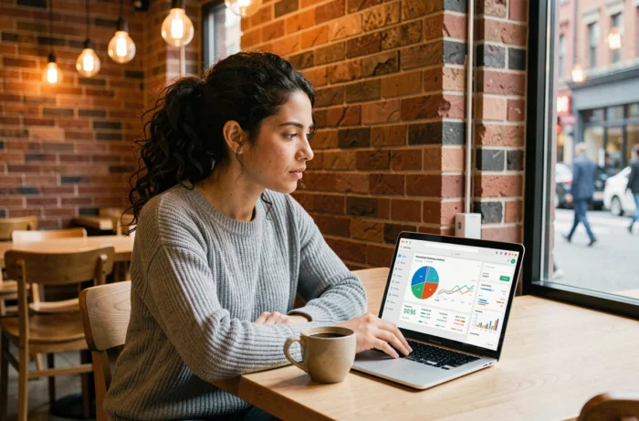 Jeune femme consultant une application d'investissement boursier sur son ordinateur portable dans un café urbain moderne