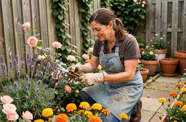 Femme jardinière soignant un parterre de fleurs colorées avec des roses, de la lavande et des soucis dans un jardin épanoui