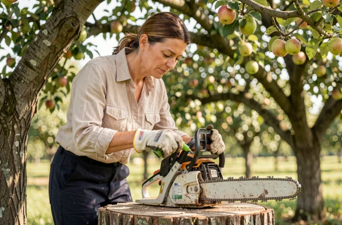 Femme appliquant un lubrifiant végétal sur une tronçonneuse dans un verger, alternative écologique à l'huile minérale