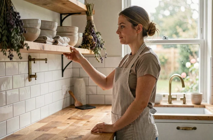 Femme organisant des céramiques et du linge de maison sur des étagères ouvertes dans une cuisine rustique et moderne