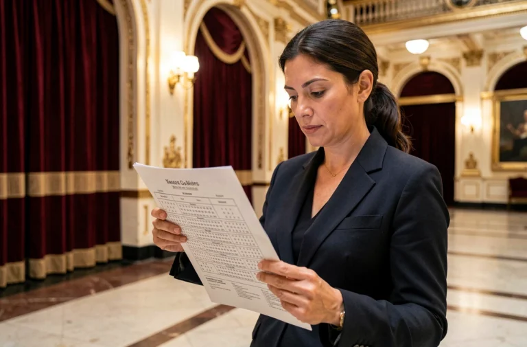 Femme consultant le plan de salle d'un théâtre parisien dans le hall du Théâtre du Palais-Royal