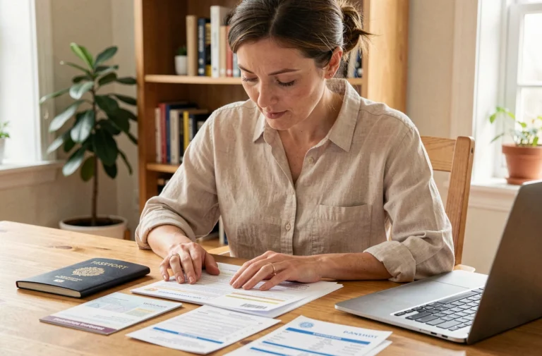 Femme consultant des documents de voyage et passeport à son bureau pour préparer ses démarches administratives avant un départ