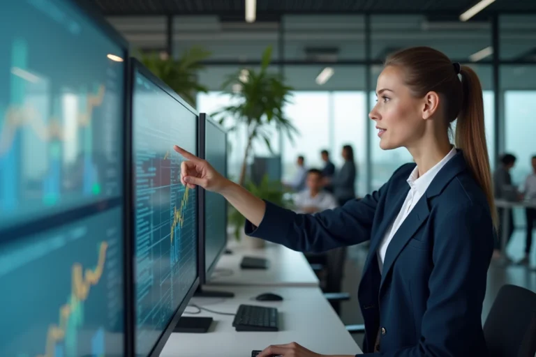 Femme professionnelle analysant des tableaux de bord business sur des écrans dans un bureau moderne pour booster son activité en ligne