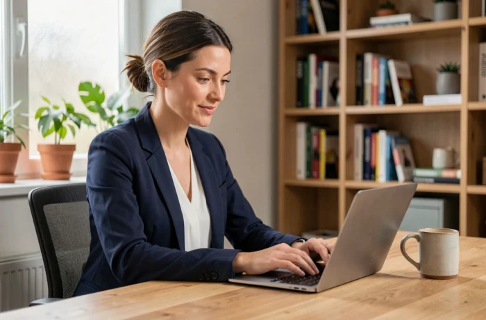 Femme cherchant un emploi sur un site internet depuis son bureau à domicile