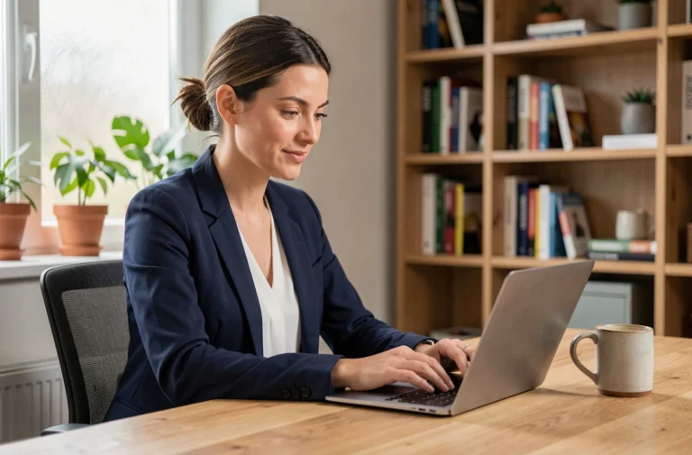 Femme cherchant un emploi sur un site internet depuis son bureau à domicile