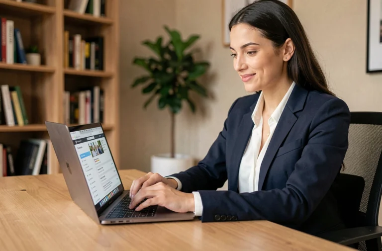 Femme professionnelle cherchant des offres d'emploi en ligne sur son ordinateur portable dans un bureau à domicile moderne