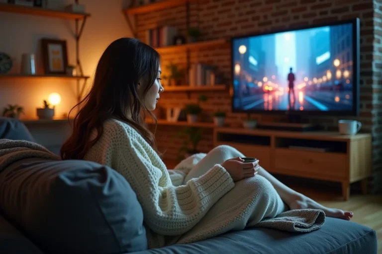 Jeune femme regardant une série en streaming sur sa télévision dans un salon cosy