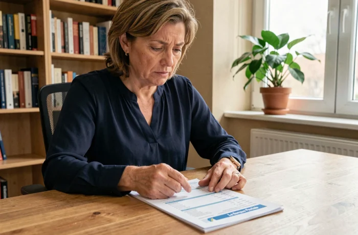 Femme consultant un relevé bancaire La Banque Postale avec une ligne de prélèvement IARD mise en évidence