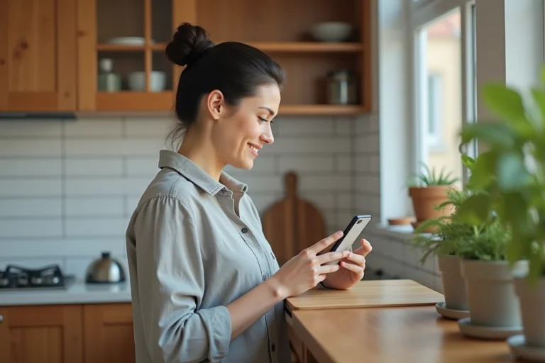 Femme consultant le suivi de livraison d'un colis sur son smartphone dans une cuisine moderne
