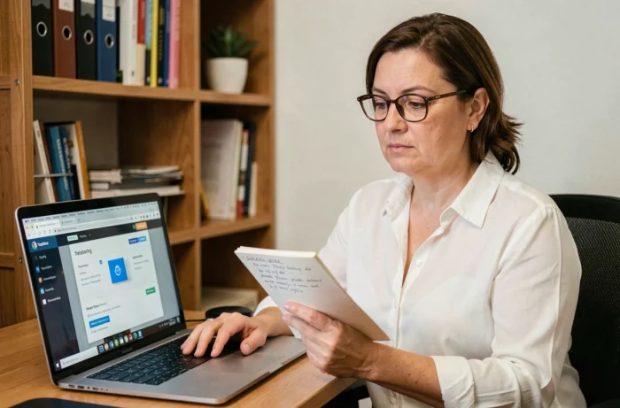 Femme travaillant depuis chez elle pour résoudre un problème d'accès à un portail web en ligne