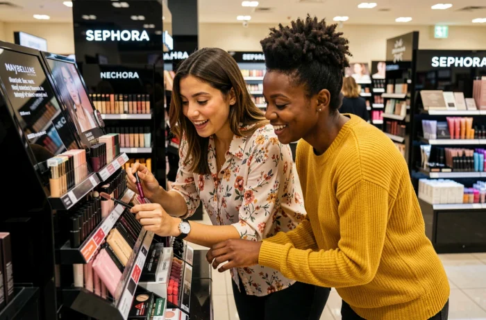 Deux femmes découvrant le mascara Maybelline au rayon Sephora, expression enthousiaste devant le présentoir de produits cosmétiques
