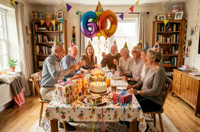 Scène de fête d'anniversaire humoristique pour les 60 ans avec ballons, gâteau et groupe d'adultes qui rient