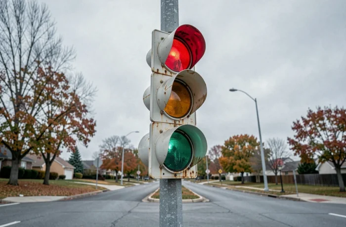 Feu de circulation défectueux affichant les trois couleurs simultanément à une intersection de banlieue