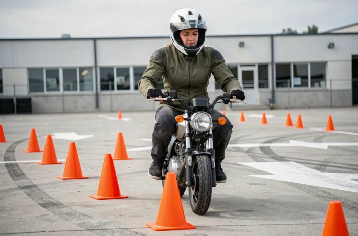 Femme en formation moto réalisant un slalom entre des cônes sur un parking d'entraînement