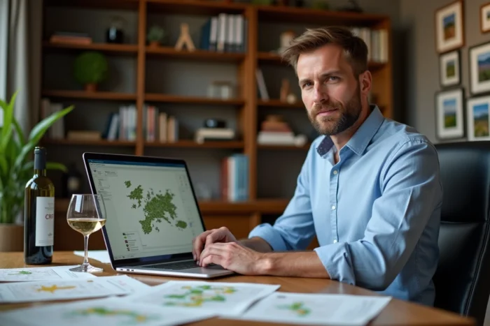 Homme consultant une formation oenologie CPF en ligne depuis son bureau à domicile avec des cartes viticoles et un verre de vin blanc