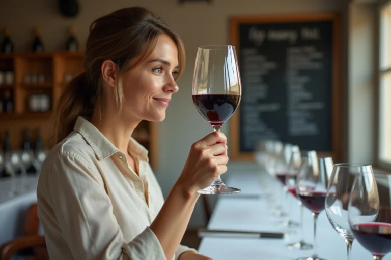 Femme en formation oenologie tenant un verre de vin rouge à la lumière lors d'une séance de dégustation professionnelle