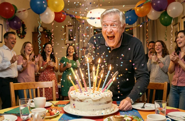 Homme de 60 ans réagissant avec surprise à un gâteau d'anniversaire piégé qui explose en confettis