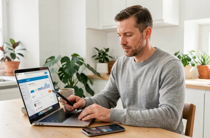 Homme gérant ses finances personnelles en ligne depuis son domicile avec un ordinateur et un smartphone