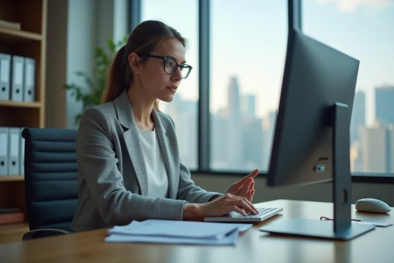 Femme professionnelle consultant des factures numériques sur un écran d'ordinateur dans un bureau moderne