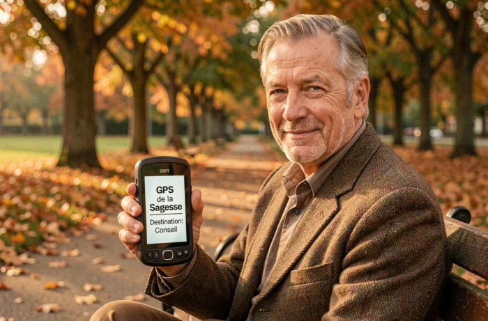 Homme de 60 ans tenant un GPS humoristique intitulé GPS de la sagesse assis sur un banc de parc en automne