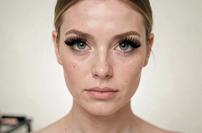 Gros plan beauté sur des cils volumineux couverts de mascara Maybelline noir, regard direct et expression confiante en cadre éditorial
