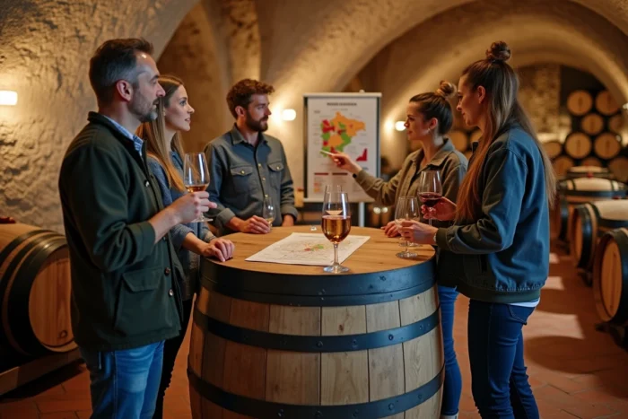 Groupe d'adultes participant à une formation oenologie dans une cave viticole traditionnelle avec fûts en bois et murs en pierre