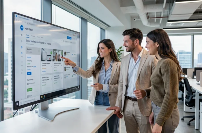 Groupe de professionnels collaborant pour trouver les meilleures offres d'emploi en ligne dans un bureau moderne