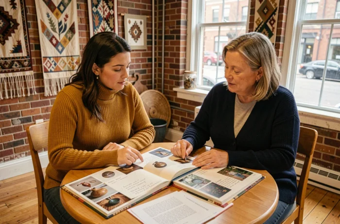 Deux femmes collaborant sur un projet de documentation du patrimoine culturel local dans un centre communautaire, symbolisant la transmission intergénérationnelle liée à la hagietomamophilie