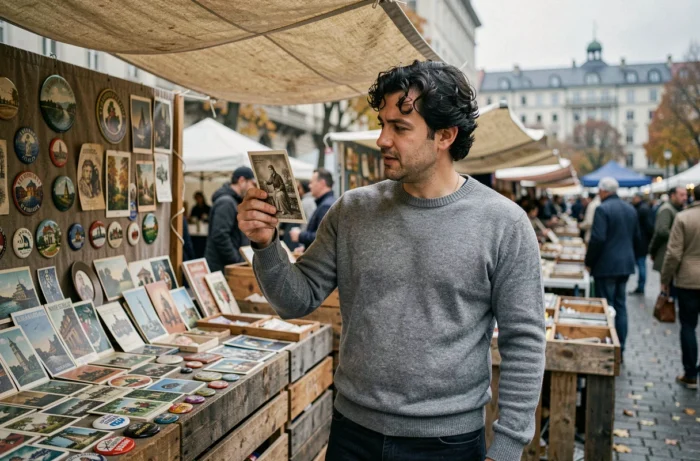Homme découvrant des objets patrimoniaux dans un marché aux puces urbain, reflet de la hagietomamophilie dans la culture populaire contemporaine