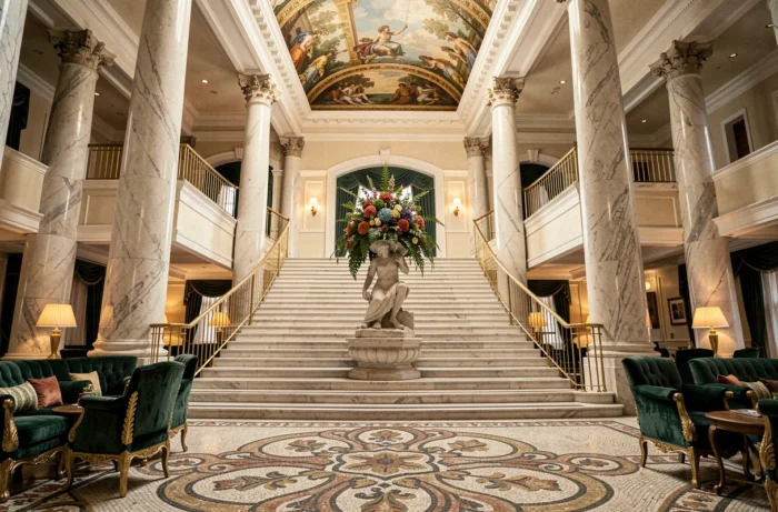 Hall d'entrée luxueux d'un hôtel 8 étoiles avec colonnes en marbre, escalier majestueux et décoration florale somptueuse