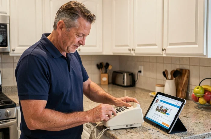 Homme utilisant un annuaire téléphonique inversé pour contacter un professionnel depuis sa cuisine