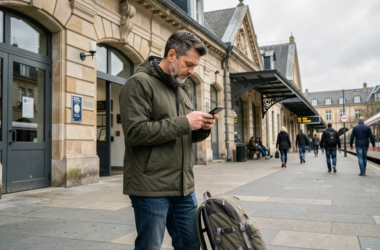Man checking his BlaBlaCar app in front of a train station to organize his carpool