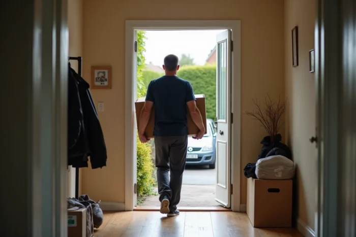 Homme portant un carton vers la sortie lors du vidage gratuit d'une maison