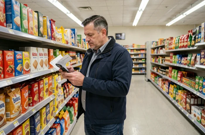 Homme comparant des prix en supermarché avec une liste de courses sur smartphone pour optimiser ses dépenses