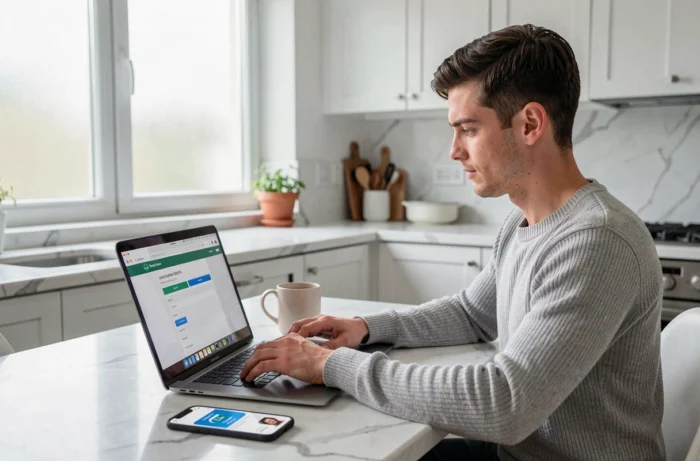 Jeune homme consultant son espace bancaire en ligne pour vérifier un prélèvement IARD sur son compte La Banque Postale