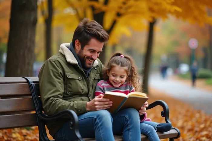 Homme d'âge mûr et jeune fille adoptée lisant ensemble sur un banc de parc en automne, illustrant la parentalité adoptive