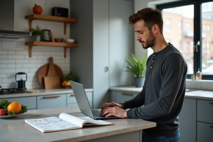 Homme entrepreneur debout dans sa cuisine aménagée en espace de travail, développant son projet sur ordinateur