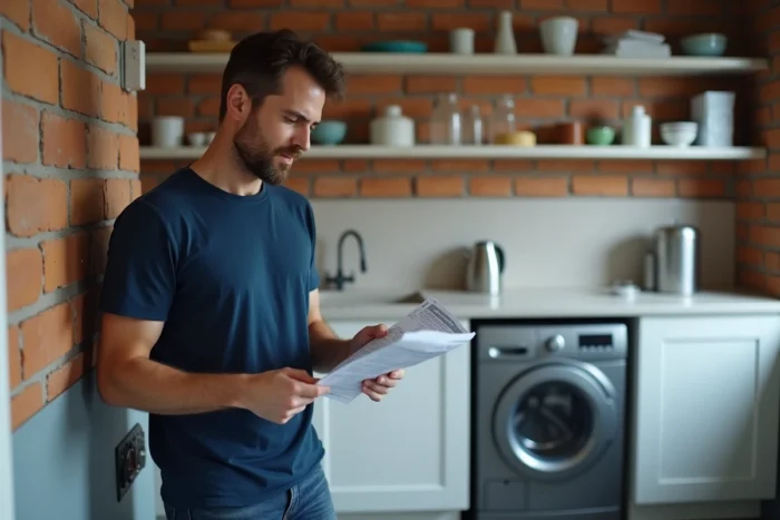 Man consulting his electricity bill in front of his dishwasher in a laundry room to track his kWh consumption