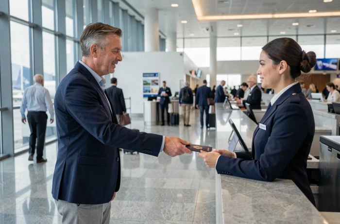 Homme présentant son passeport et sa carte d'embarquement à un guichet d'enregistrement dans un aéroport international