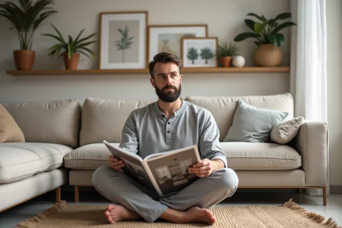 Man flipping through an interior decoration magazine in a minimalist living room with a shelf decorated with plants and ceramics