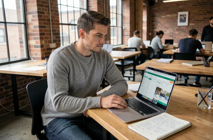 Homme consultant des offres d'emploi sur internet dans un espace de coworking moderne