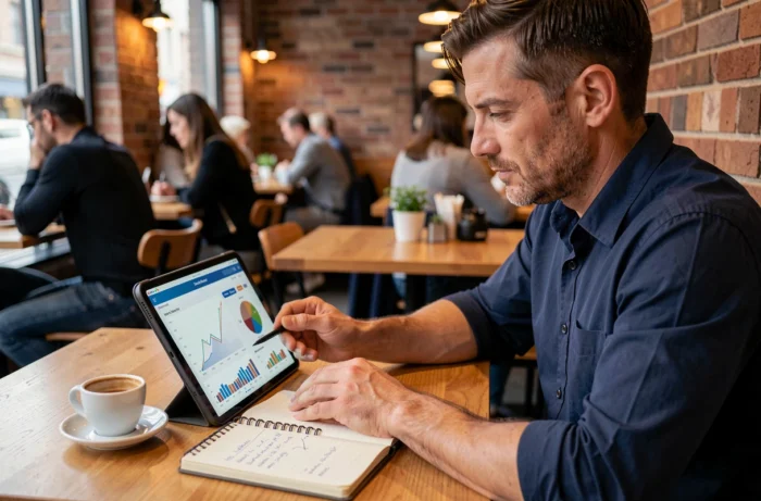 Homme consultant des graphiques financiers sur tablette dans un café urbain pour optimiser ses économies