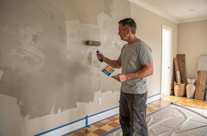 Homme en train de peindre un mur d'accent dans une pièce en rénovation avec rouleau et nuancier de couleurs