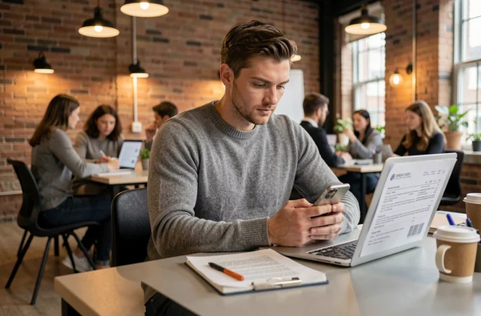 Jeune homme consultant des offres d'emploi sur smartphone et ordinateur dans un espace de coworking urbain