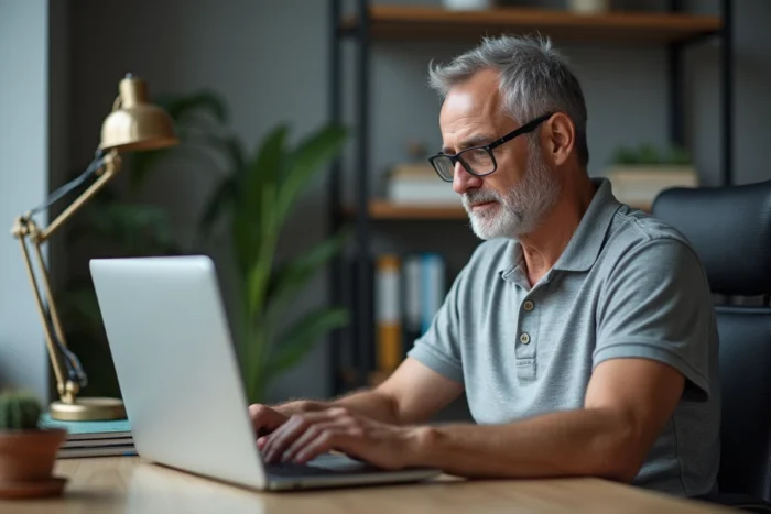 Un homme rédige un avis Google sur ses appareils auditifs Amplifon depuis son bureau à domicile